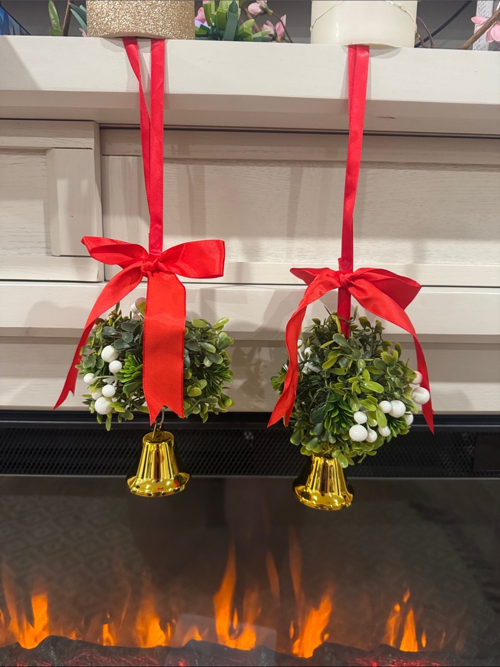 Holiday Boxwood Bell Ornaments with Red Ribbon (Set of 2)